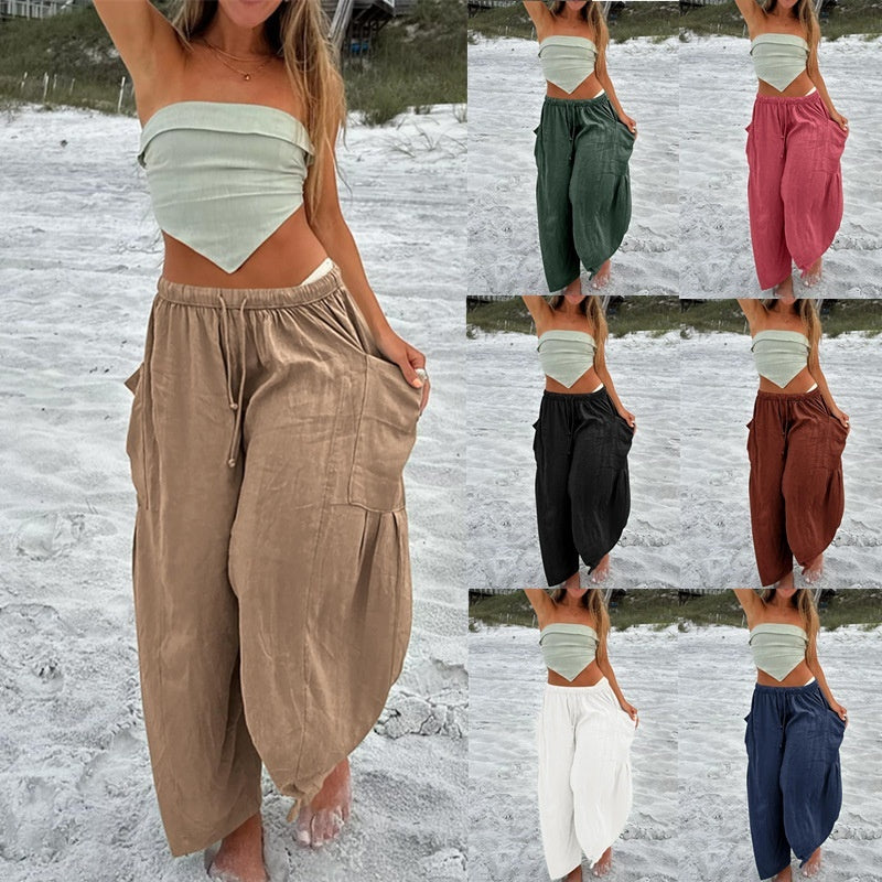 Stretched-waist Pleated High-waisted Wide-leg Loose Casual Cotton And Linen Long Pants GlamzKart