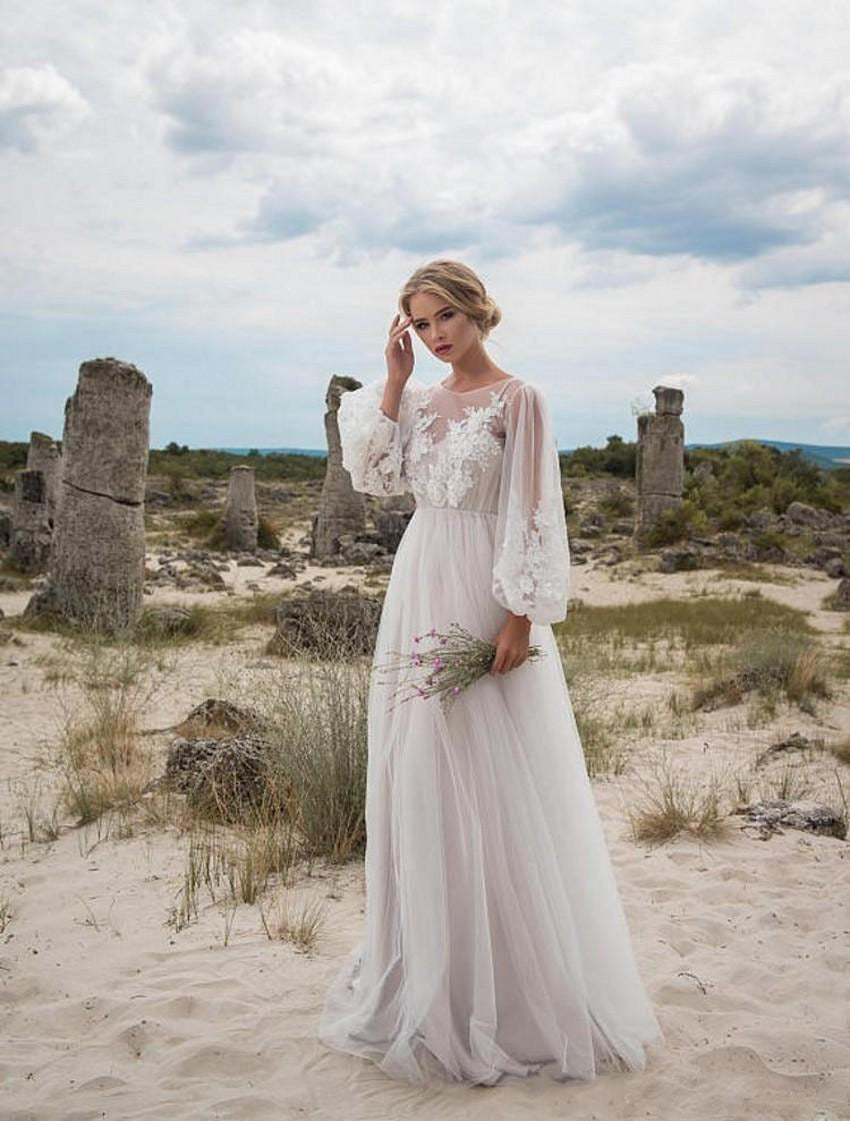 Round Collar Gauze Embroidered One-piece Dress Wedding Dress GlamzKart