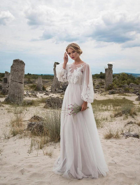 Round Collar Gauze Embroidered One-piece Dress Wedding Dress GlamzKart