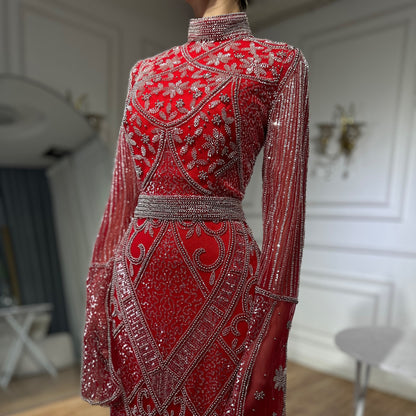 Red High Collar Fishtail Evening Long Dress GlamzKart
