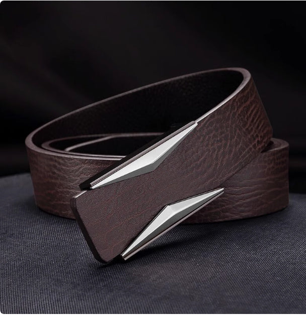 Simple And Elegant Belt Men's Middle-aged Korean Style Smooth Buckle Brown Silver Buckle GlamzKart