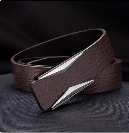 Simple And Elegant Belt Men's Middle-aged Korean Style Smooth Buckle Brown Silver Buckle GlamzKart
