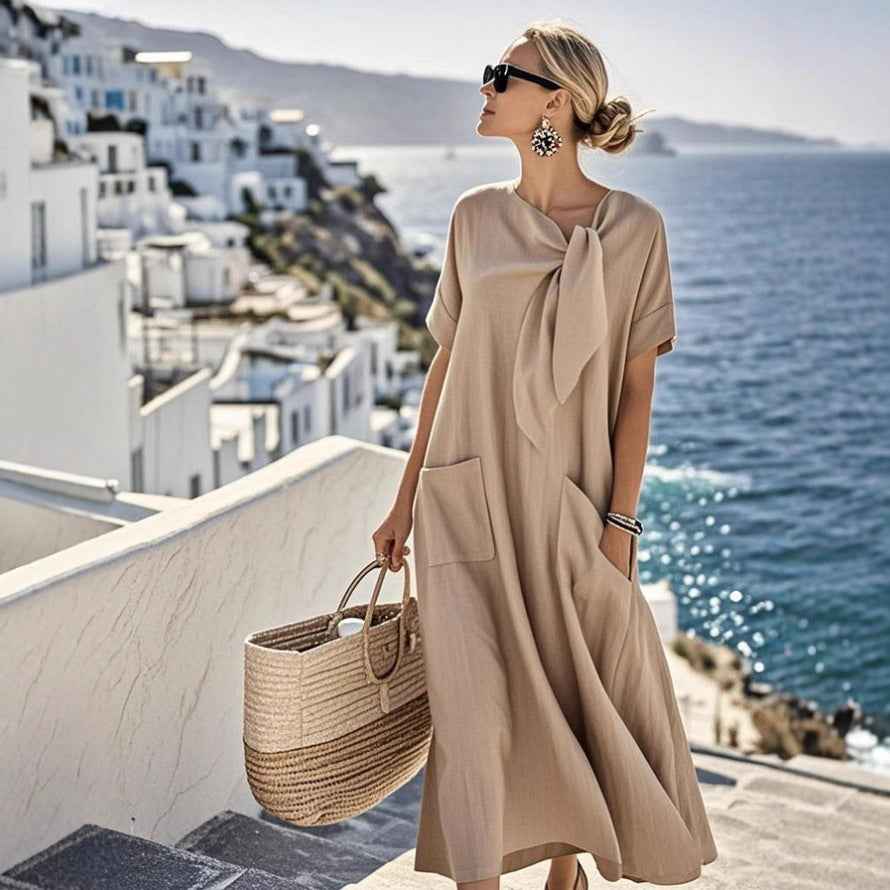 Elegant Short Sleeve Bow Pocket Wide Hem Loose Long Dress