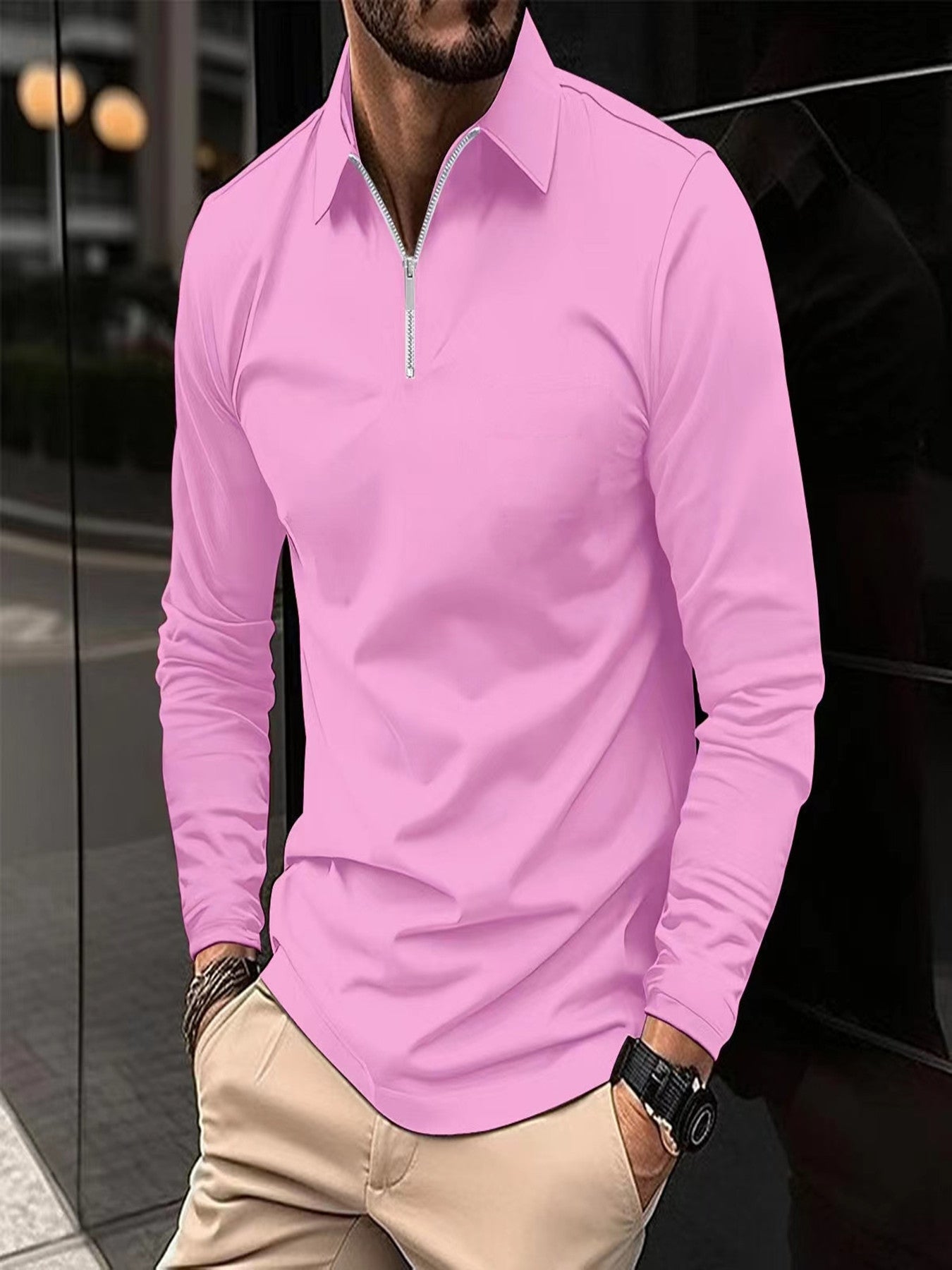 Zipper Men's Solid Color Long Sleeve Sports Polo Shirt Pink GlamzKart