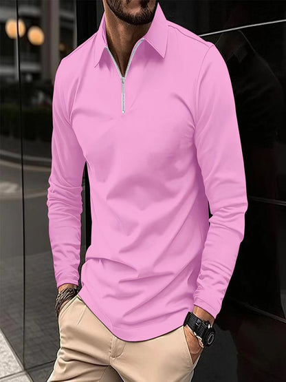 Zipper Men's Solid Color Long Sleeve Sports Polo Shirt Pink GlamzKart