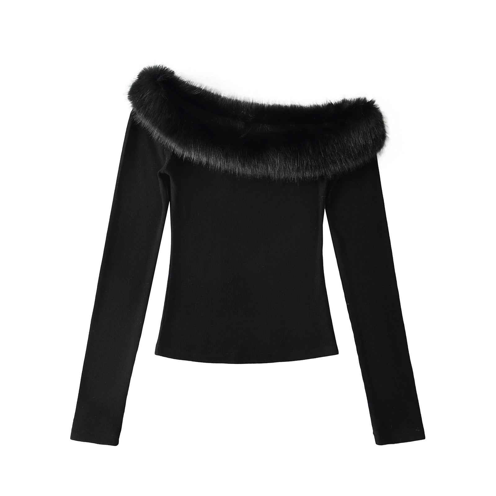 Fur Collar Beveled Off-shoulder Long Sleeve Stretch Thread Sunken Stripe Slim Top