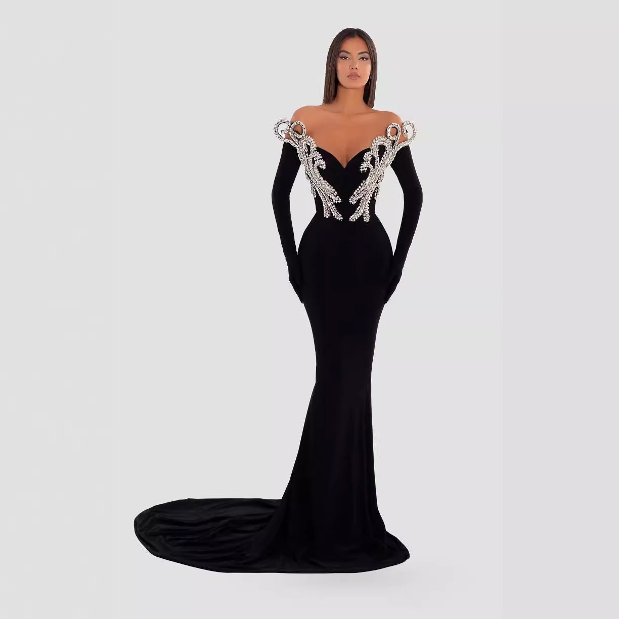 Black Bandeau Slim-fit Skinny Long And Ground Dress GlamzKart