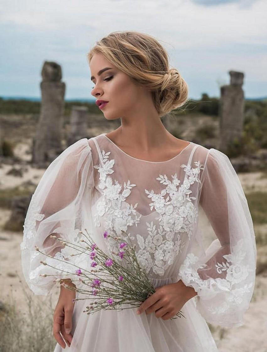 Round Collar Gauze Embroidered One-piece Dress Wedding Dress GlamzKart