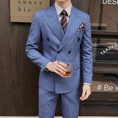 Spring And Summer Professional Casual Men's Three-piece Suit Jacket Double Breasted Blue GlamzKart