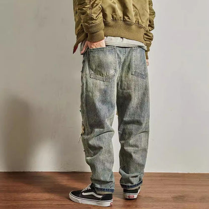 Jeans Men's Loose Straight Tapered Distressed Broken Holes Pants GlamzKart