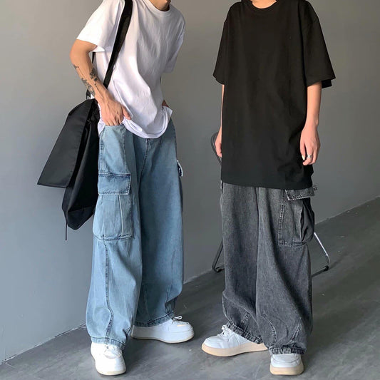Street Retro Drape Large Loose Pockets Cargo Jeans GlamzKart