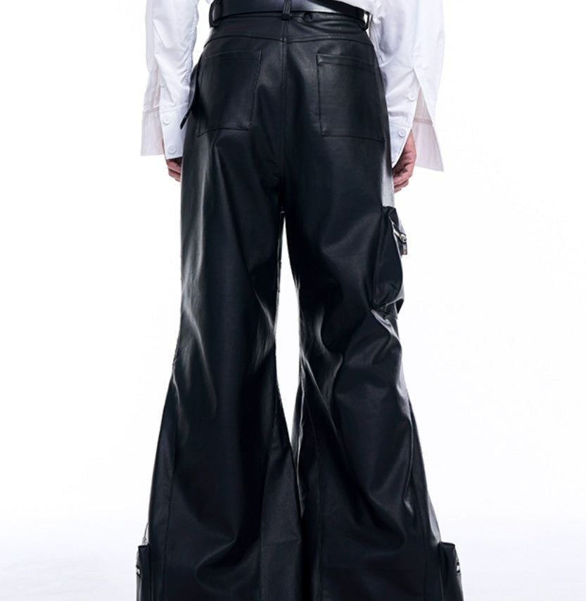 Autumn Three-dimensional Pocket Leather Pants Wide Leg GlamzKart