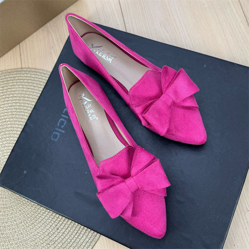 Women's Versatile Solid Color Bow Pointed Flat Shoes Rose Red GlamzKart