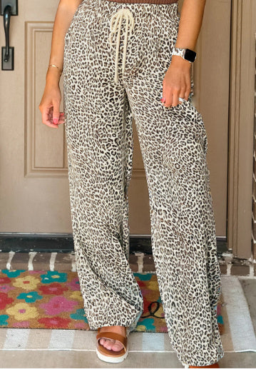 Brown Leopard Drawstring Elastic Waistband Loose Pants Brown GlamzKart