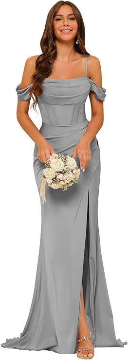 Off-the-shoulder Satin Bridesmaid Corset Ball Gown Gray GlamzKart