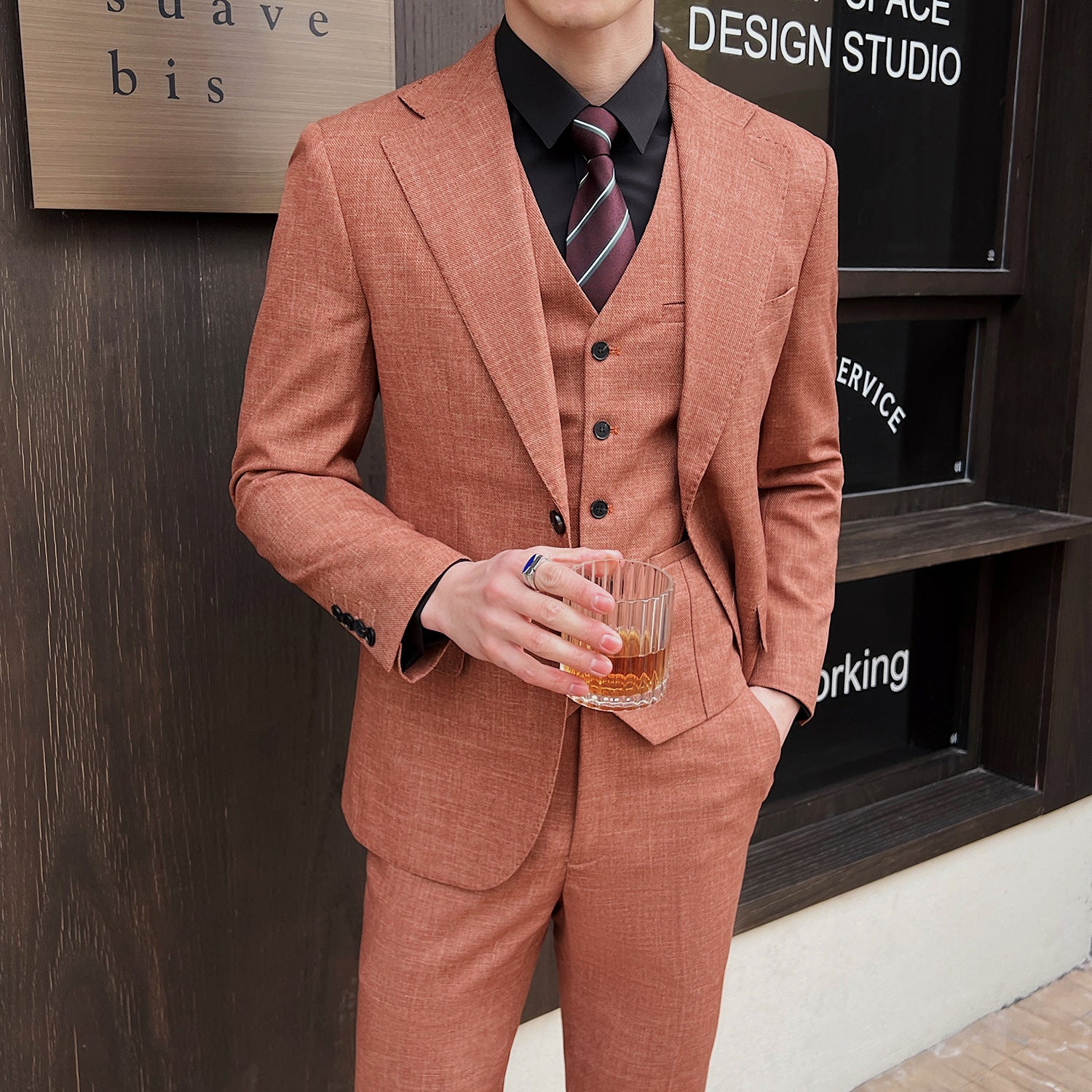 Spring And Summer Professional Casual Men's Three-piece Suit Jacket Single Breasted Pink GlamzKart
