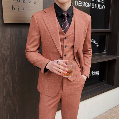 Spring And Summer Professional Casual Men's Three-piece Suit Jacket Single Breasted Pink GlamzKart
