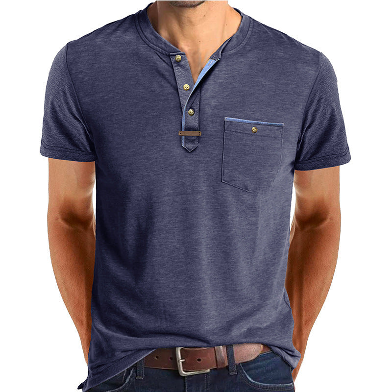 Men's Short-sleeved T-shirt Casual Crew Neck Top Dark Blue GlamzKart