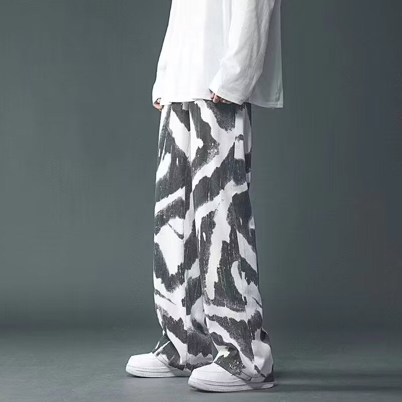 New High Street Tie-dyed Graffiti Wide-leg Pants Men Black GlamzKart