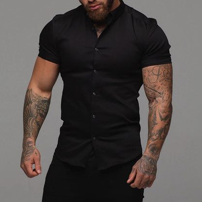 Short Sleeve Lapel Shirt Elastic Thin Solid Color Black GlamzKart