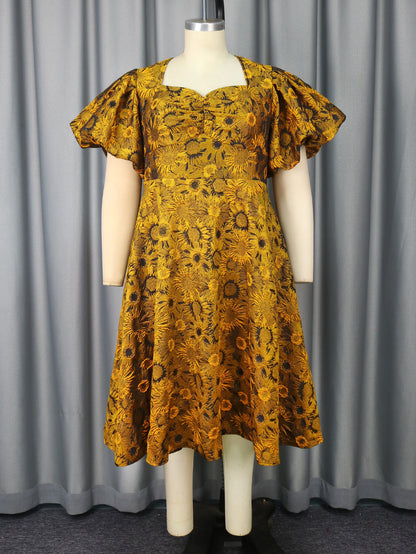 Puff Sleeve Jacquard Square Collar A Swing Long Cocktail Party Dress Yellow GlamzKart
