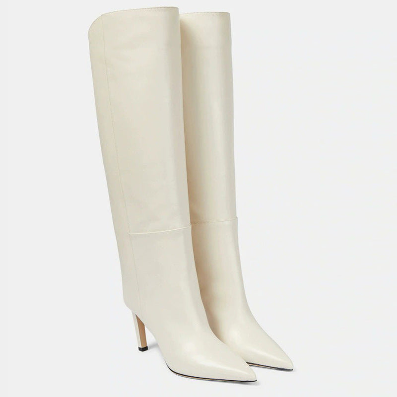 Simple European And American Style Fashion Catwalk Pointed-toe Stiletto Straight Boots Beige Leather Surface GlamzKart
