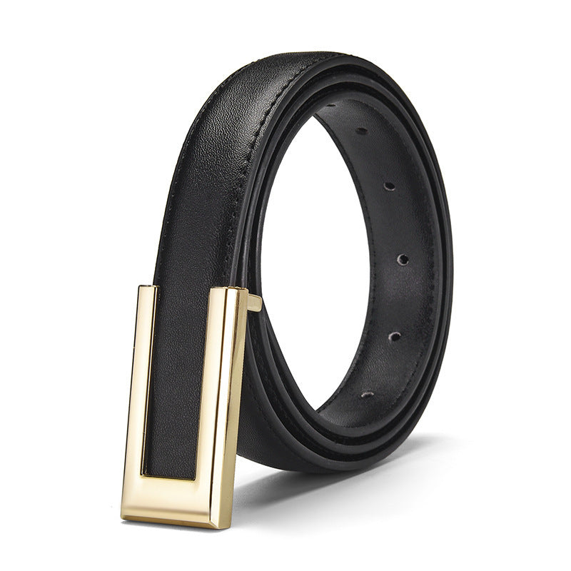 Cowhide Retro Black All-match Decorative Skirt Suit Jeans Leather Thin Belt GlamzKart