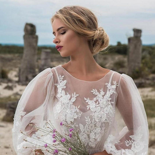 Round Collar Gauze Embroidered One-piece Dress Wedding Dress GlamzKart