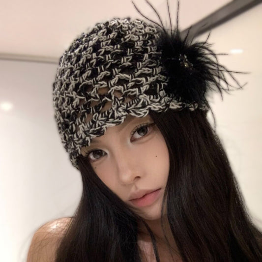 French Retro Black Feather Hand-woven Knitted Hat GlamzKart
