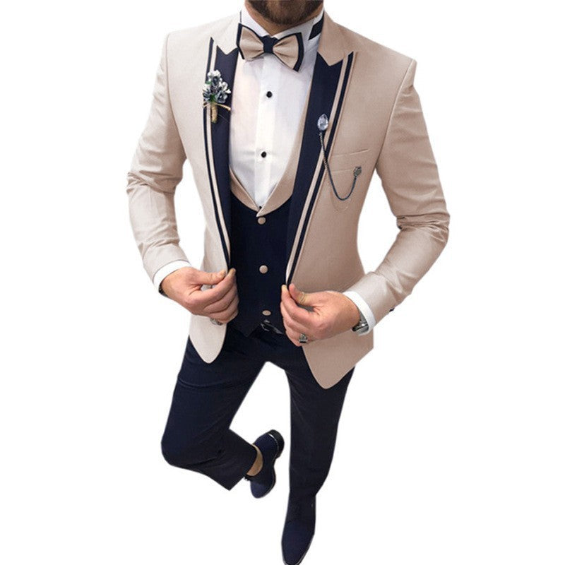Men's Color Matching Business Casual Suit Three-piece Set Beige GlamzKart