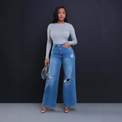 Women's Ripped High Waist Loose Straight Wide Leg Jeans Dark Blue GlamzKart