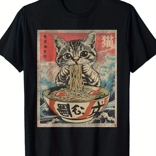 1pc Kawaii Cat Ramen Anime T Shirt For Men Fabric GlamzKart