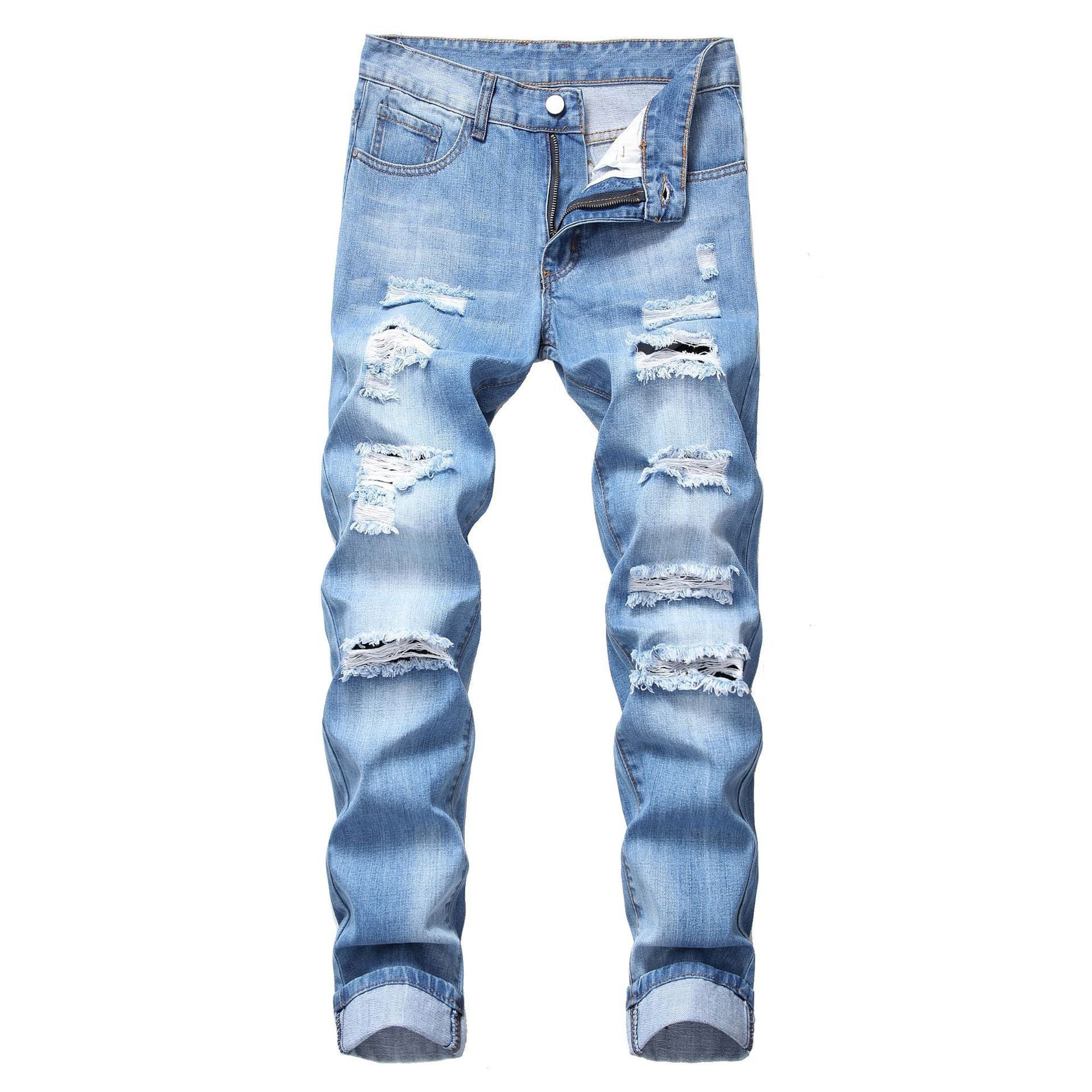 Men's Ripped Straight Slim Fit Non-stretch Jeans GlamzKart