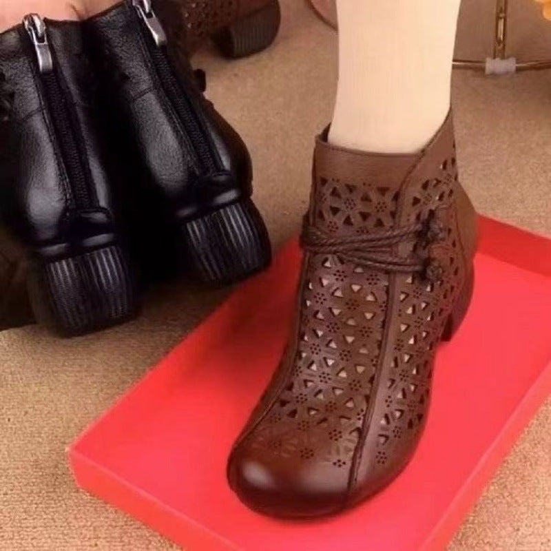 All-match Leather Mid-heel Comfortable Retro Closed Toe Chunky Heel Hollow Sandals GlamzKart