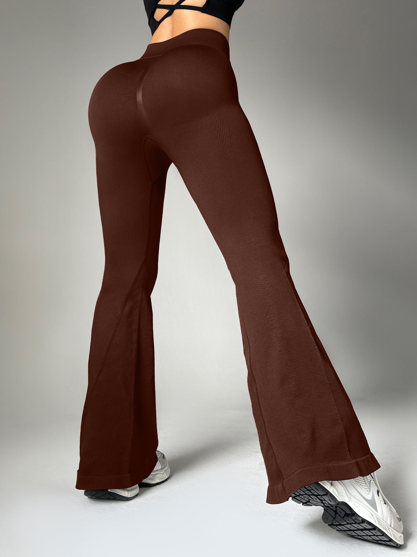 High Waist Flared Pants Women's Hip Lifting Casual Yoga Pants Brown GlamzKart