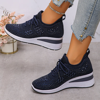 Rhinestone Lace Up Fashion Style Daily Commuter Women's Casual Shoes Dark Blue GlamzKart