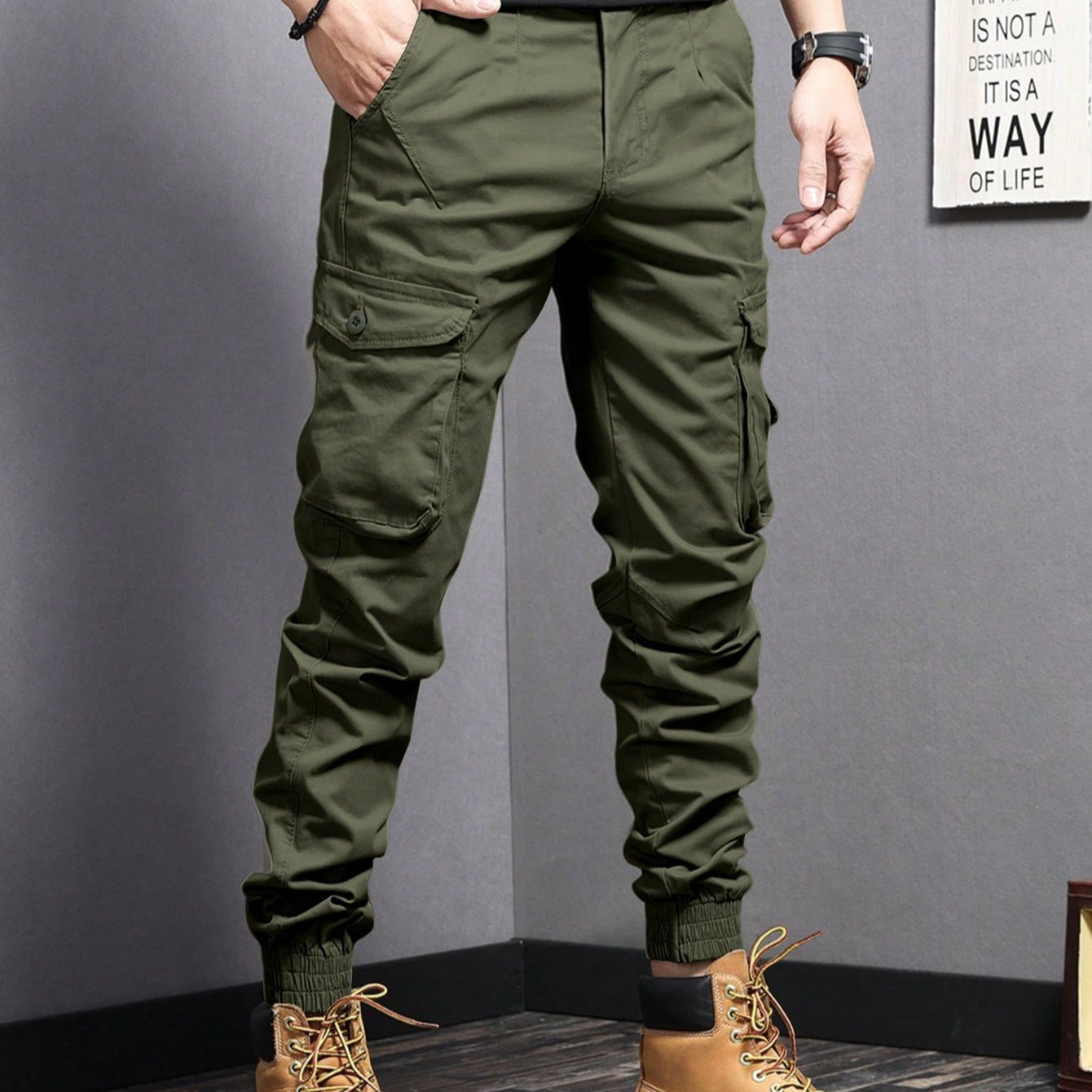 New Summer Casual Drawstring Workwear Pants Men Army Green GlamzKart
