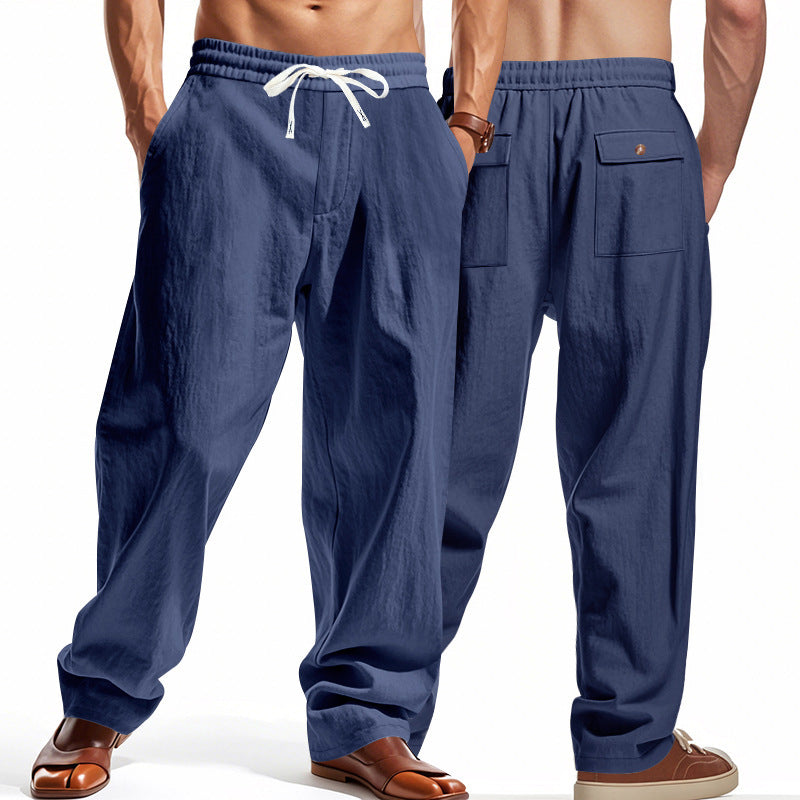 Linen Casual Pants Summer Thin Simple High Street Navy Blue GlamzKart