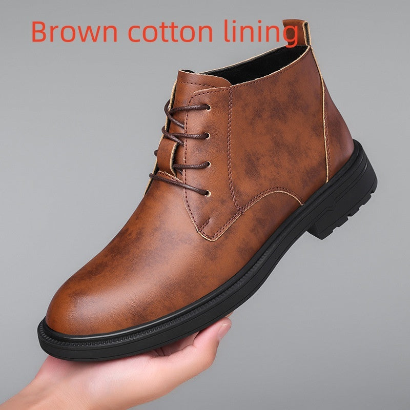 Retro Lace Up Denim Trendy Mid-length Warm Non-slip Men's Martin Boots Brown Cotton Lining GlamzKart