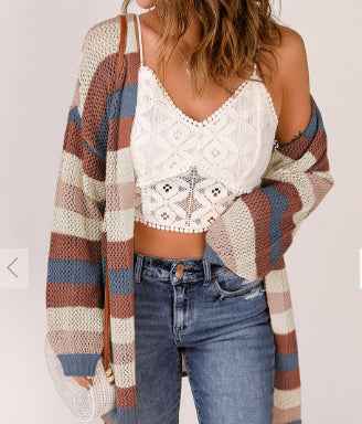 Blue Striped Color Block Hollowed Knit Cardigan
