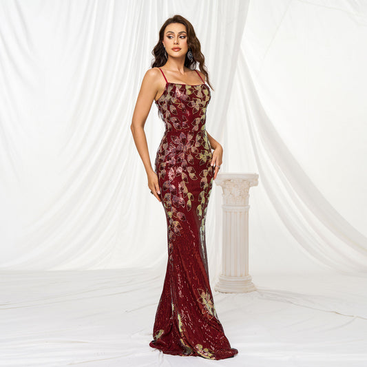 Sling Off-neck Sheath Sequined Banquet Fishtail Evening Dress GlamzKart