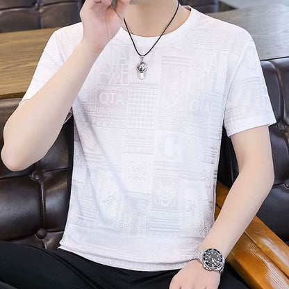 New Ice Silk Men's Short Sleeve All-match Fashion Round Neck T49 White GlamzKart