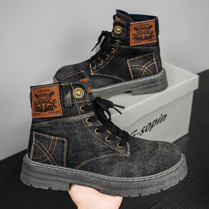Plus Size Men's Mid-top Denim Casual All-matching Work Clothes Martin Boots Black GlamzKart