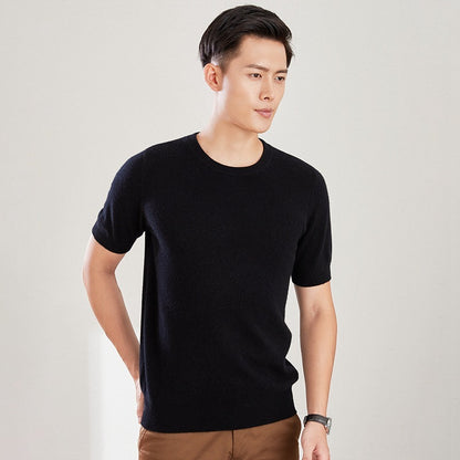 Men's Autumn And Winter Full Wool Short Sleeve Round Neck Sweater Black GlamzKart
