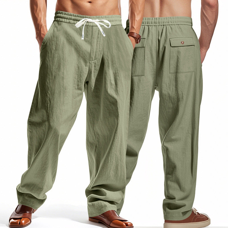 Linen Casual Pants Summer Thin Simple High Street Gray Green GlamzKart
