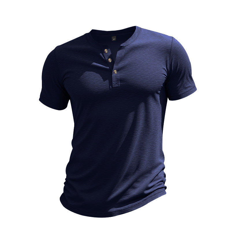 Muscle Bamboo Retro Henley Shirt Short Sleeve Navy Blue GlamzKart
