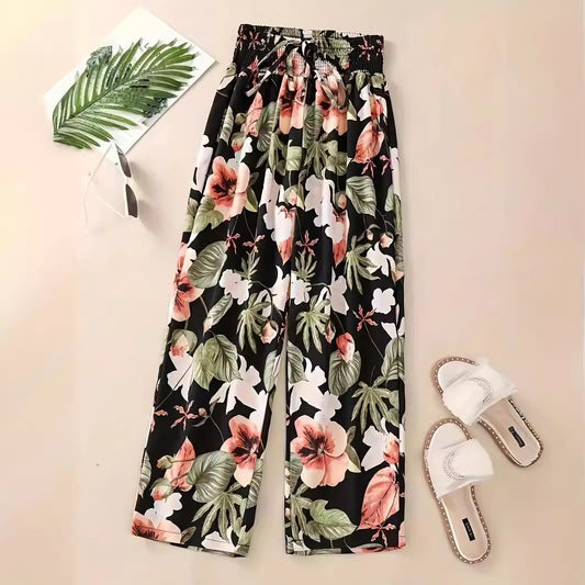 Casual Flower Pants Spring And Summer Thin High Waist Slimming Ice Silk Elastic Floral Straight GlamzKart