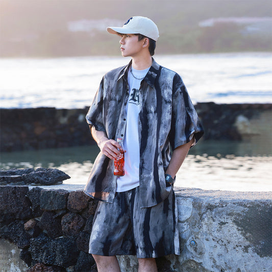 Ice Silk Tie-dye Sports Suit Men's Short-sleeve Shirt Beach Shorts Two-piece Set GlamzKart