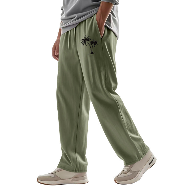 Casual Hawaiian Beach Coconut Print Trousers Army Green GlamzKart