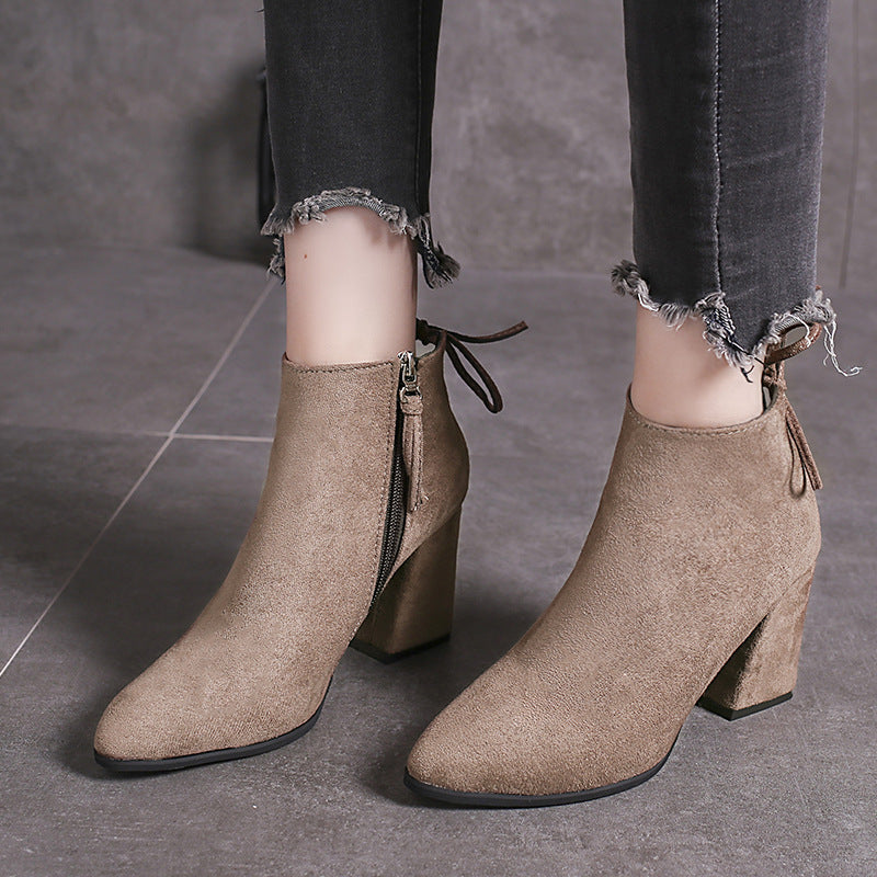 European And American Martin Boots Pointed High Heels Plus Size Women Khaki GlamzKart